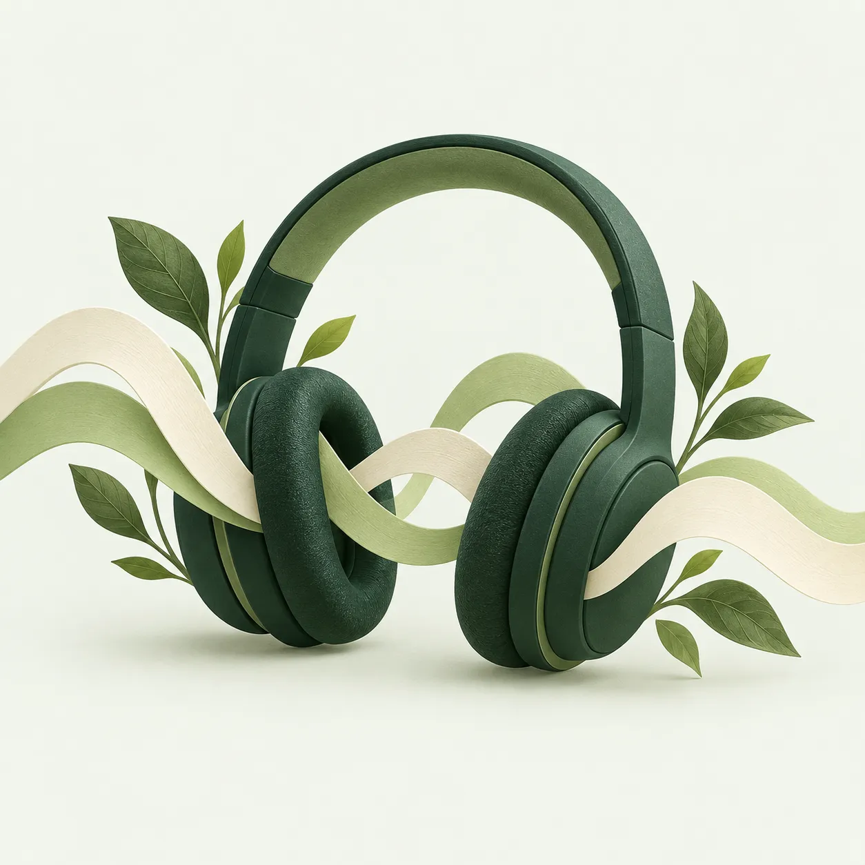 Botanical artwork of green headphones with flowing ribbons suggesting a supportive conversation
