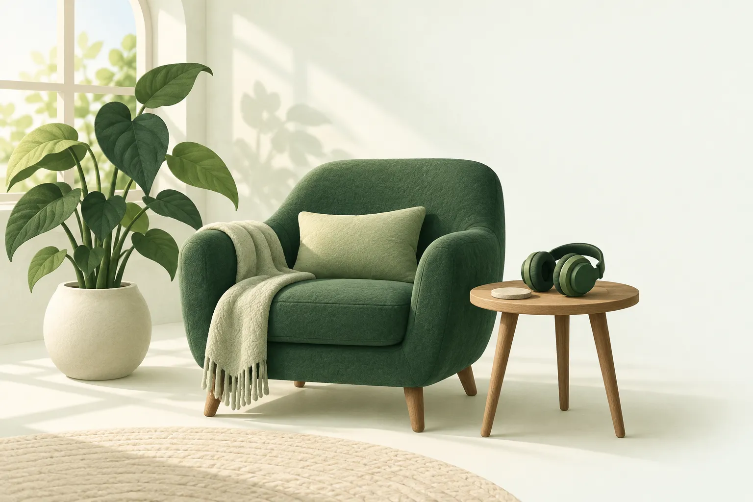 Artwork of a comfortable green armchair with headphones on a side table beside a leafy plant